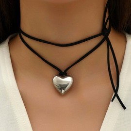 Aneneiceera Vintage Layered Leather Heart Choker Necklace Black Velvet Choker Necklace Silver Puffy Heart Pendant Necklace Long Suede Tie Up Choker Necklace Jewelry for Women and Girls