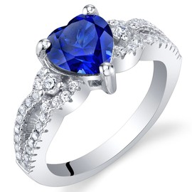 PEORA Created Blue Sapphire Heart Soulmate Ring 925 Sterling Silver, 1.75 Carats Heart Shape 7mm, Size 9, September Birthstone Ring, w/Jewelry Box, Sparkling Jewelry