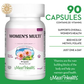 Maxi Health Women's Daily Multivitamin Once Daily Biotin, Vitamins A B C D E, Calcium, Zinc, Lutein, Magnesium, Folic Acid, Non-GMO, Gluten Free & Dairy Free Kosher - 90 Caps