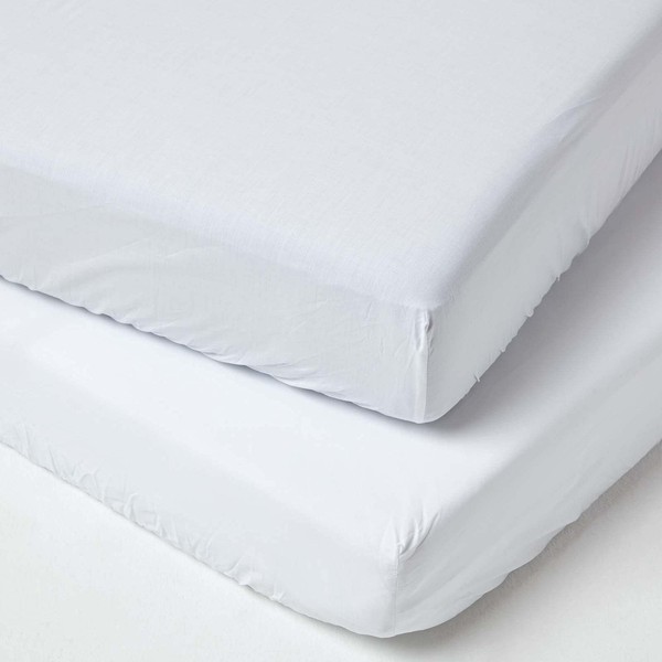 HOMESCAPES White Cot Bed Fitted Sheets 70 x 140 cm 2 Pack 100% Egyptian Cotton Percale Soft Hypoallergenic Toddler Bed Sheet Fully Elasticated Skirt Breathable Easy Care 200 TC 400 Thread Count Equiv