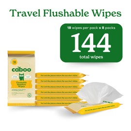 Caboo Tree Free Flushable Wipes, Travel Flushable Wipes, Certified Flushable, Septic Safe, Eco Friendly, Biodegradable Flushable Wipes for Adults | Pack of 8, Total of 144 Travel Toilet Wipes
