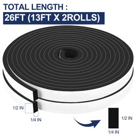 26Ft Foam Tapes Self Adhesive Foam Seal Strips 1/2In x 1/4In x 13Ft Each Roll Weatherstrips High Resilience Weather Stripping Door Seals for Door Soundproofing, Window Insulation (2R, Black)