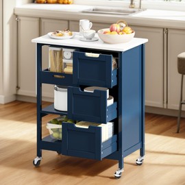 DWVO Rolling Kitchen Island Cart with 3 Drawers, 27 inch Soild Wooden Countertop Kitchen Storage Cabinets, Drawers Cart for Home Dining Area, Navy Blue