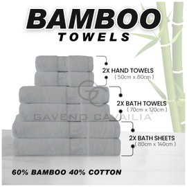 GC GAVENO CAVAILIA Bamboo Hand Towels 2 Pack - 500 gsm Highly Absorbent Towels For Bathroom (50x80 Cm) - 60% Bamboo, 40% Cotton Towels Bale Extra Soft - Silver