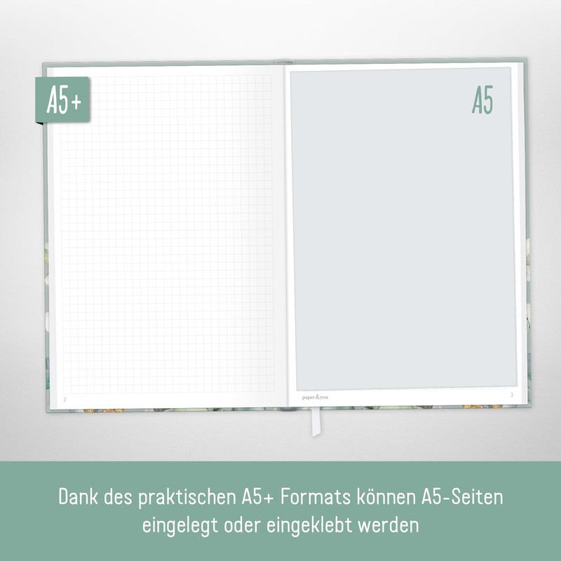 paper&you Notebook A5+ Squared with Elastic Band "Minty Leaves" 156