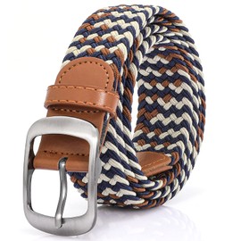 JASGOOD Mens Belt-Elastic Braided Stretch Belt with Covered Leather Buckle for Jeans Woven Trouser Belts for Men and Women,Beige Brown Dark Blue,Fit Waist Size 33"-37"