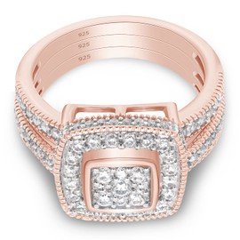 SAVEARTH DIAMONDS 1 Carat (ctw) Lab Created Moissanite & Lab Grown Diamond Square Cluster Engagement Trio Ring 14K Gold Over Sterling Silver Wedding Ring Band Set (1 Cttw), Gift For Her, Ring Size-7,