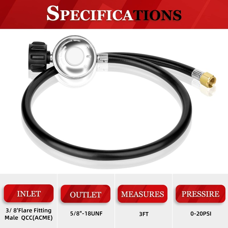 3 FT Propane Regulator and Hose Universal QCC1 Grill Replacement