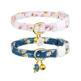 Viiotu 2 Pack Cotton Breakaway Cat Collars with Bells, Cute Pink Strawberry and White Heart Pendant,Adjustable 18-30cm Safety Comfy Breathable Collars for Kittens Cats (Blue&White, One Size)