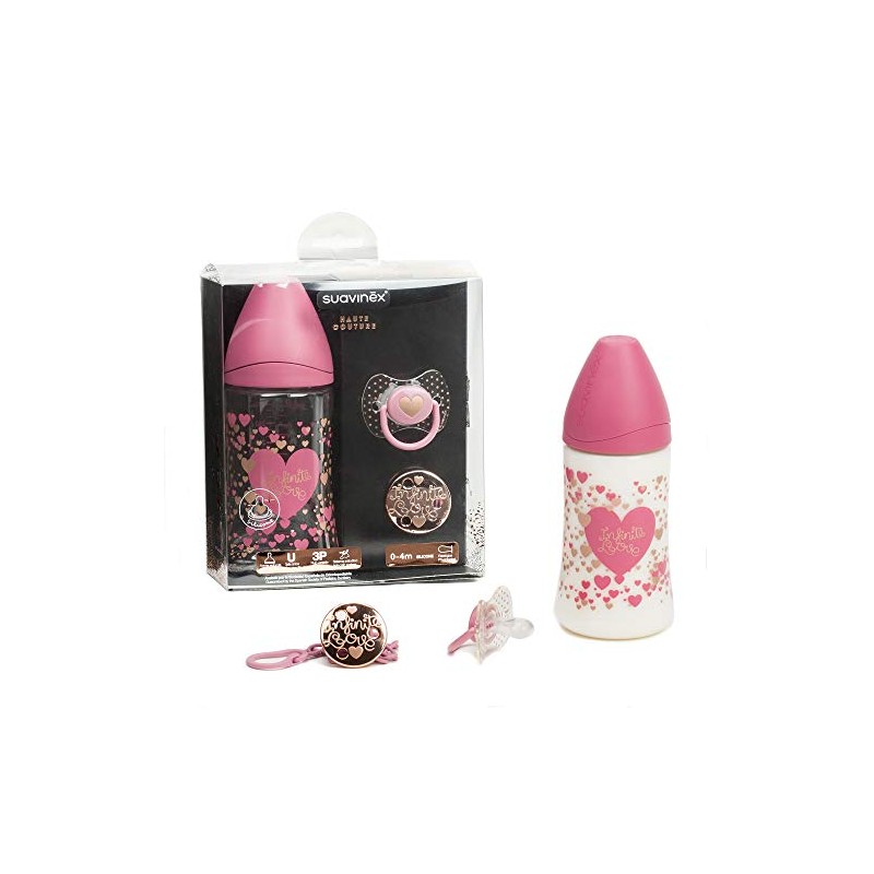 Suavinex Set De Biberon, Chupon Y Broche Couture, Rosa, Paquete