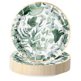 WRAPAHOLIC 25Pcs Eucalyptus Paper Plates - 7 Inch Green Leaves Disposable Plates Decorative Dinner Plates for Party Tableware Supplies Table Decor
