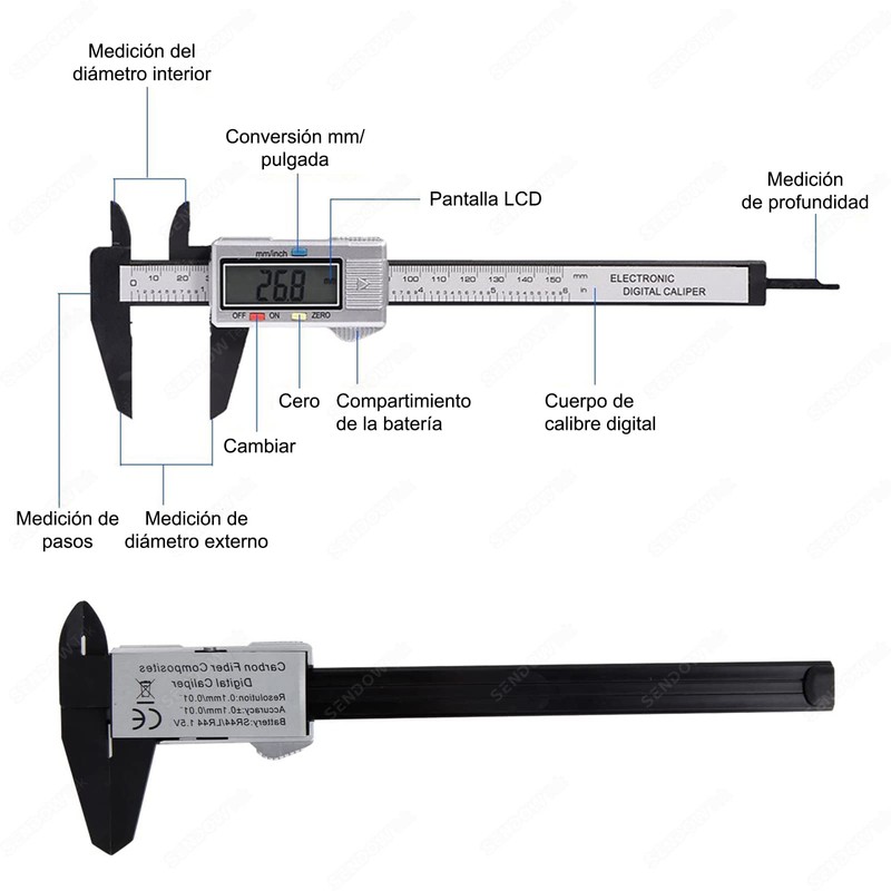 Sendowtek Calibrador Digital Electrónica Calibrador de Pantalla Vernier Digital Inoxidable
