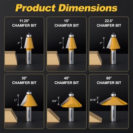REKCKRUL 6Pcs Chamfer Router Bits Set with Bearing, 1/2 Inch Shank, Carbide Tipped Woodworking Router Bits for Precision Edge Trimming, Cutting Degree: 11.25, 15, 22.5, 30, 45, 60