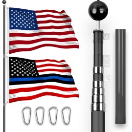 G128 25 Ft Telescoping Flagpole Black & USA and Blue Lives Matter Flags Spun 3x5 Ft