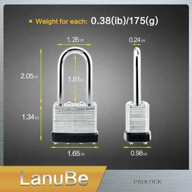 LanuBe Lock Laminated keyed Padlock (1-9/16", 40mm), keyed Alike Locks, Long Shackle,Marked Black Plastic Hoop, Pack of 12