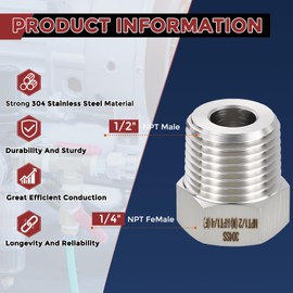 Kozelo Pack of 1, 1/2" Male NPT to 1/4" FeMale NPT Solid 304 Stainless Steel Hex Bushing, Hose Fittings Adapter Reducer for Pipe Leak Repair, Bathroom Remodeling, Tool Extensions