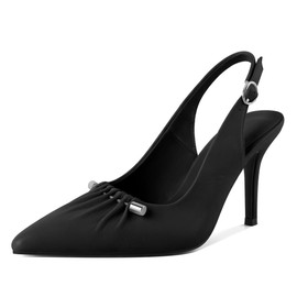 YODEKS Slingback Heels for Women Black Heels Closed Pointed Toe Stiletto High Heel Pumps Beaded Metal Buckle Bar Shoes 3.5 Inch for Wedding Party Matte US Size 9