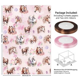 Horse Wrapping Paper 4 Sheets, Horses Rose Flower Guitar Boots Print Western Theme Cowgirl Gift Wrap Paper, for Girls Boys Birthday Baby Shower Party DIY Crafts Art Folded Flat Papers Gift Packing