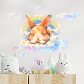 RoyoLam Bunny Sleeping on Cloud Wall Decals Removable Rainbow Baby Animal Vinyl Stickers for Nursery Kids Bedroom and Playroom Rabbit Decor Peel and Stick Wall Art