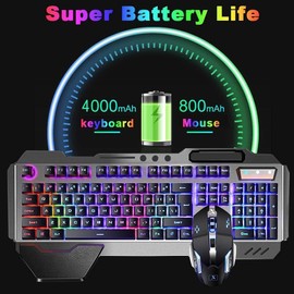 Wireless Gaming Keyboard and Mouse Combo with Rainbow LED Backlit Rechargeable 4800mAh Battery Metal Panel Mechanical Ergonomic Waterproof Dustproof 7Color Mute Mice for Computer PC Mac Gamer (Purple)