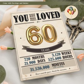 MOSSSH 60th Retro Birthday Greeting Cards, Golden 60 Birthday Card, Envelope and Sticker