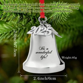 JUPPE 2025 Silver Engraved It's A Wonderful Life Christmas Bell Ornaments for Christmas Tree Wedding Anniversary Decoration Pendants with Angel Wings (Silver Bell)