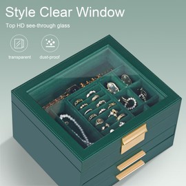 Somduy Jewelry Box Organizer for Women,3 Layers PU Leather Jewelry Storage Display Box with Glass Lid,Gift for people,3 Drawers,Large Capacity for Necklace Earrings Bracelets Rings, Dark Green