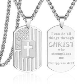 Zocomi Dog Tag Necklace for Men Stainless Steel Pendant Chain American Flag Cross Religious Christian Baptism First Communion Confirmation Jewelry Gifts Silver Philippians 4:13
