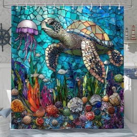 Aeyadis Nautical Sea Turtle Shower Curtains, Teal Blue Stained Glass Colorful Ocean Theme Sea Life Fabric Shower Curtain Set for Bathroom Decor, Waterproof Cloth with 12 Hooks, 72x72 Inch
