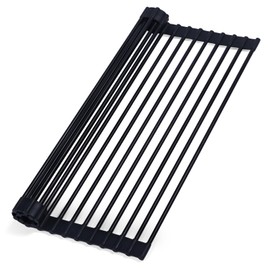 Weculop Roll Up Dish Drying Rack Over The Sink, Silicone Wrapped Stainless Steel Dish Drainer, Foldable Dish Drying Rack Anti-Slip Multipurpose for Kitchen Counter, 17”L×13”W Black