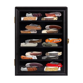 boldworks Pocket Kinfe Display Case for Wall Knife Display Box for Collection with Wall Hanging Mount Acrylic Glass Removable Shelves Holds Upto 20 Knives Black Color