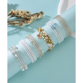 Tornito 8Pcs 31.5 Inches African Waist Bead Chain Elastic Belly Beads Butterfly Shell Layered Body Chain Colorful Jewelry Accessories for Women White