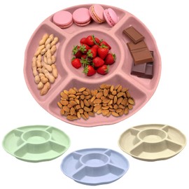 Pack of 4 Snack Plates with 5 Compartments, Round, Stackable Fruit Plates, Plastic, Colourful Candy Plates, Snack Bowl with Compartments, Plastic, Dividers, Reusable Dessert Snack Dispenser for Home