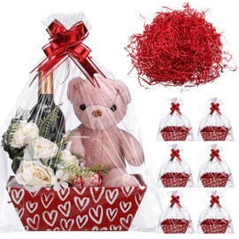 Dunzoom 22 Pcs Valentines Day Empty Gift Basket Set Empty Market Tray Pink Red Heart Gift Basket with Clear Gift Bags and Red Ribbon Pull Bows for Valentines Wedding Holiday Party Favors (Red)