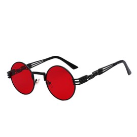 Retro Steampunk Style Round Vintage Sunglasses Black Metal Frame Red Lens