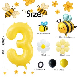 JKGOO Bee & Daisy Balloons 40inch 3st Birthday,Yellow Number Balloons for Bee Birthday Party Decorations, Cute Bee Party Decor with Flower Balloons, DIY Bee Themed Party Supplies (Number 3)