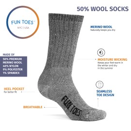 FUN TOES Men's Hiking Crew Merino Wool Socks 6 Pairs Lightweight, Reinforced Size 8-12 (Blue)