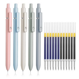 5 Piece Gel Pen Set for Writing, Ballpoint Pen with 10 Pieces Black Blue Additional Refills, 0.5 mm Fine Tip Quick Drying Ink Pen Gel Pen for School Office Home Suitable
