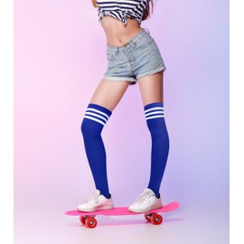 Calcetines altos hasta el muslo para mujer, diseño de Argyle para niñas, calcetines altos de algodón por encima de la rodilla, divertidos calcetines largos locos para cosplay, Royal Blue 3 White Stripes, Talla única