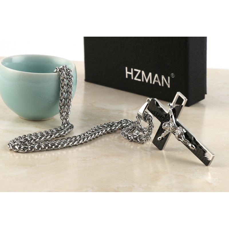 HZMAN Men's Stainless Steel Cross Crucifix Bible Prayer Pendant Necklace