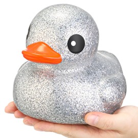 Honoson 6.89 Inch Giant Glitter Rubber Duck Big Glitter Rubber Duck Large Sparkly Duckling Bath Toy with Squeaky Sound for Summer Baby Shower Birthday Party Favor Gift(Silver)