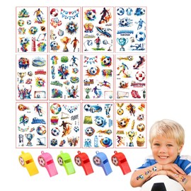 12 Soccer Tattoo Stickers And 6 Soccer Whistles, Temporary Face Stickers, Fan Decoration Stickers, Sports Party Supplies.