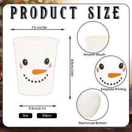 Whaline 50Pcs Winter Snowman Disposable Paper Cups Cute Snowman White Paper Cups Winter Xmas Party Cups for Juice Office Hot Cold Beverage Drinks Seasonal Holiday Party Supplies, 9oz