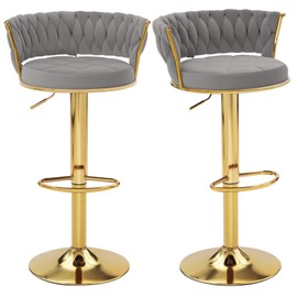 VECELO Bar Stools Set of 2, Adjustable Barstools Counter Height Stools with Back and Arm, Velvet Woven Kitchen Island Stools w/Gold Metal Leg & Base, 360° Swivel Bar Chair, Light Grey