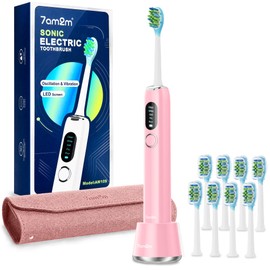 7AM2M Sonic Electric Toothbrush for Adults&Teens with LED Screen, 5 Modes, One Charge for 365 Days, 2 Minute Timer, with 8 Brush Heads and Travel Case (Pink)