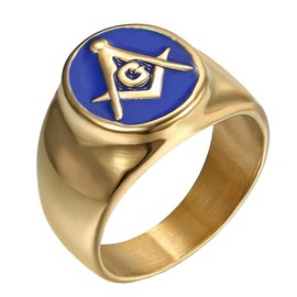IFUAQZ Men's Stainless Steel Gold Plated Freemason Masonic Rings Blue G Lodge Master Mason Signet Biker Band Size 8