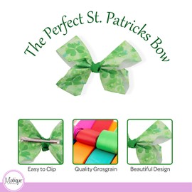 6 inch Wide Green St Patricks Day Hair Bow Watercolor Shamrocks for Women and Girls