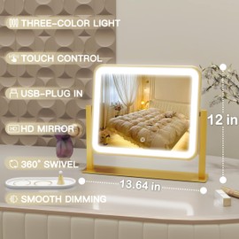 ROLOVE ROLOVE Gold Vanity Mirror with Lights, 14"12" LED Makeup Mirror, Lighted Makeup Mirror with Lights, Smart Touch Control 3 Colors Dimmable, Lighted Up Mirror for Makeup Desk, 360 Rotation