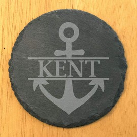 Nautical Charm: Slate Coasters with Laser-Etched Anchor & Rope Design - Round Slate - set of 4