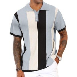 Men's Casual Polo Shirts Vintage Striped Knitting Button Down Shirts Golf Collared Shirts Blue